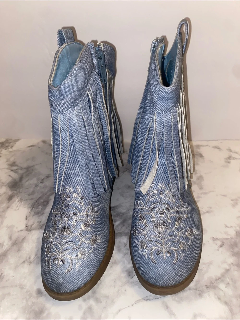 PAWZ Light Blue Embroidered Fringe Ankle Boots